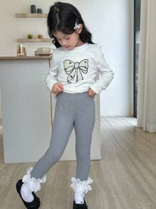 Blossori Young Girls' French Elegant Lace Trim Leggings Grey Leggings For Teen Girl Tween Lace Leggings Gray Leggings Girls Grey Leggings Leggings With Lace Trim - Multicolor - View 4