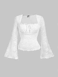 SHEIN MOD 大码女式白色文胸杯折领喇叭袖T恤 - 白色 - 查看 1