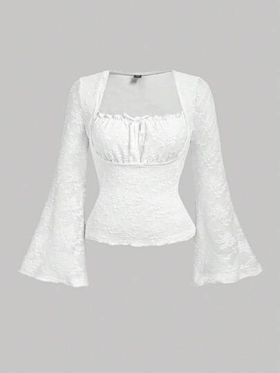 SHEIN MOD Camiseta de mujer talla grande con cuello plegado y mangas acampanadas