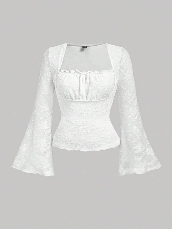 SHEIN MOD Plus Size Women's White Bra Cup Folded Collar Flare Sleeve T-Shirt,Fall Clothes For Women Lace Top Bell Sleeve Top