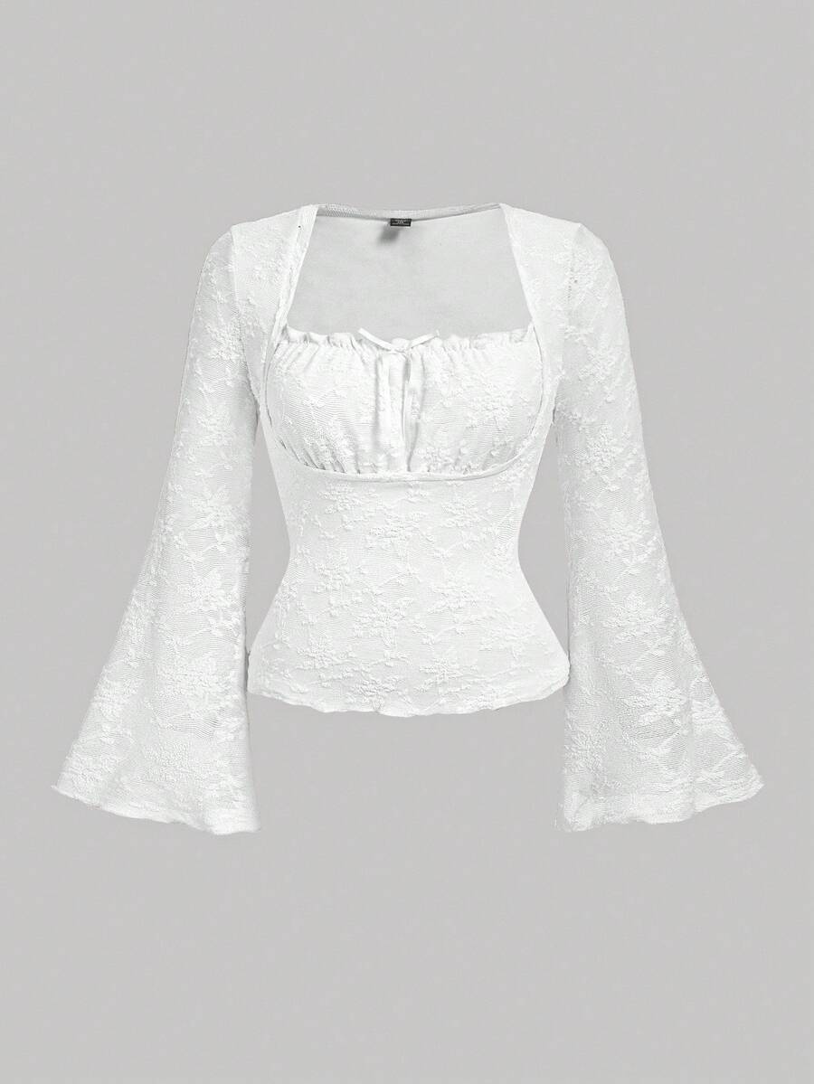 SHEIN MOD 大码女式白色文胸杯折领喇叭袖T恤 - 白色 - 查看 1