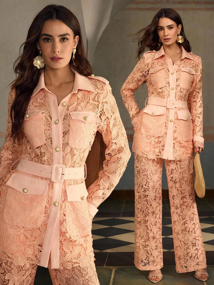 ZEYLAH 2pcs Set: Lace Utility Pocket Long Sleeve Shacket & Lace Wide Leg Pants