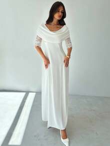 Firerie Women's Elegant Romantic Dress, White Off Shoulder Lace Patchwork Flared Waist A-Line Dress, Suitable For Summer, Wedding Guest, Party, Graduation, Prom - White - View 5