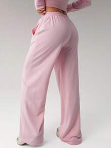 SHEIN ICON Pink Wide-Leg Knitted Sweatpants With Pockets Extra Long For Casual Comfort - Pink - View 2