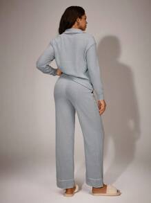 Contrast Color Trim Casual Ribbed Loungewear Set: Long Sleeve Top & Pants For Women, Lounge Cozy Outfit, Fall Clothes - Blue - View 2