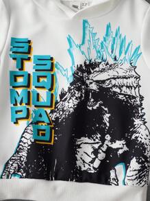 GODZILLAxKONG X SHEIN Bộ 2 chiếc/Bộ áo hoodie dài tay in chữ Monster cho bé trai và quần nỉ dáng rộng - Đen và trắng - Xem 4