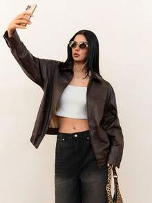 SHEIN Tall Áo khoác da giả màu nâu họa tiết loang lổ thời trang cổ điển dành cho nữ, dành cho mùa thu, trang phục Giáng sinh, quần áo nữ, áo khoác da màu nâu, mùa đông, áo khoác da, áo khoác bomber da nâu, áo khoác da nữ màu nâu, áo khoác da ngắn màu nâu, áo khoác da nữ - Cà phê nâu - Xem 5