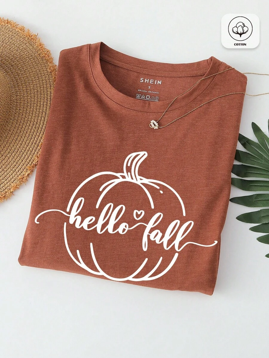 INAWLY 女式简约印花圆领短袖T恤 - 鏽棕色 - 查看 1