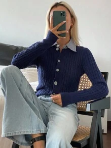 DAZY 女式格子拼布翻领长袖单排扣针织开衫 - 藏蓝色 - 查看 5