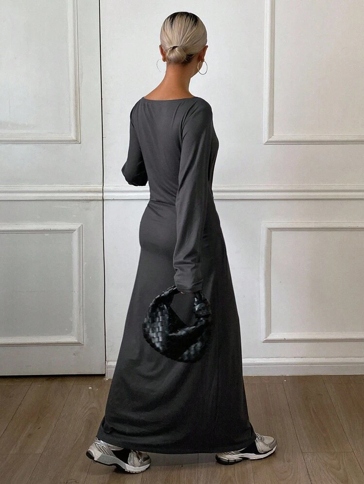 Women's Solid Color Off Shoulder Tie Waist Long Sleeve Casual Dress, Autumn/Winter