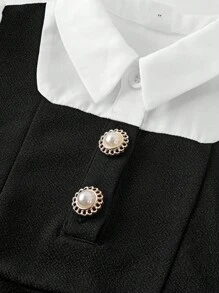SHEIN 年轻女孩优雅黑白拼色翻领灯笼袖二合一连衣裙秋季连衣裙返校秋季连衣裙白色长袖连衣裙 - 黑與白 - 查看 7