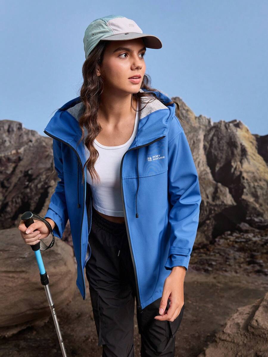 In My Nature 女式字母印花长袖拉链连帽户外雨衣夹克 - 藍色 - 查看 1