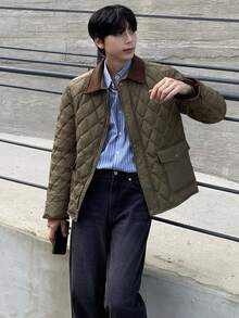 DAZY Abrigo acolchado y acolchado de invierno para hombre con cuello texturizado marrón, chaqueta verde militar - Verde militar - Ver 10