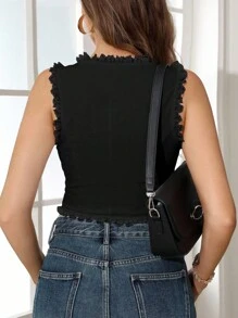 INAWLY Plus Size Women Solid Color Contrast Lace Front Button Decoration Fashion Black Tank Top - Black - View 2