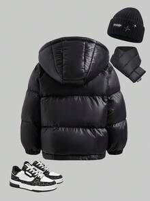 SHEIN Pikowany, ocieplany, gruby, ciepły zimowy płaszcz dla chłopców z wysokim kołnierzem i kapturem, odpowiedni do zabawy w pomieszczeniach, na zewnątrz i na śniegu