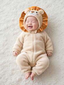 SHEIN Newborn Cute Plush Lion Outfit, Includes Hooded Hat, Long Sleeve Jumpsuit With Zipper Fall Winter - Apricot - View 1