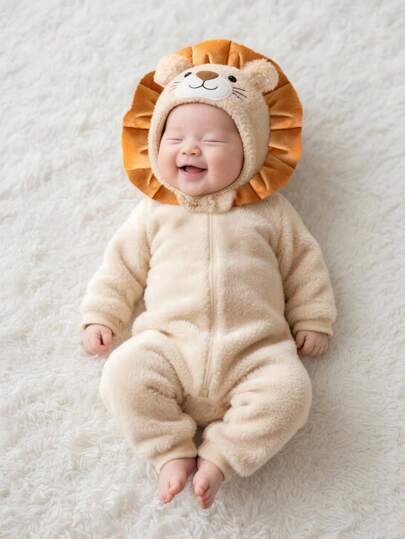 SHEIN Newborn Cute Plush Lion Outfit, Includes Hooded Hat, Long Sleeve Jumpsuit With Zipper Fall Winter