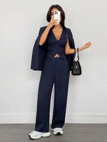 SHEIN PETITE Women's Casual Commuter Striped Jacket, Vest And Pants Suit Women Three Pieces Set Pinstripe Pantsuit, Winter Clothes For Women,Zip-Up,Casual Outfit For Women,Elegant Women's Set,Business Old Money Style Suit