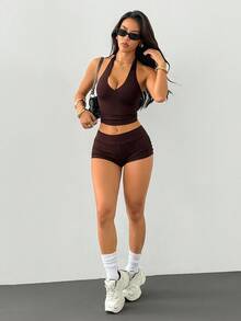 SHEIN PETITE 2 Pieces Women's Camisole And Shorts Pajama Set Burgundy - Brown - View 5