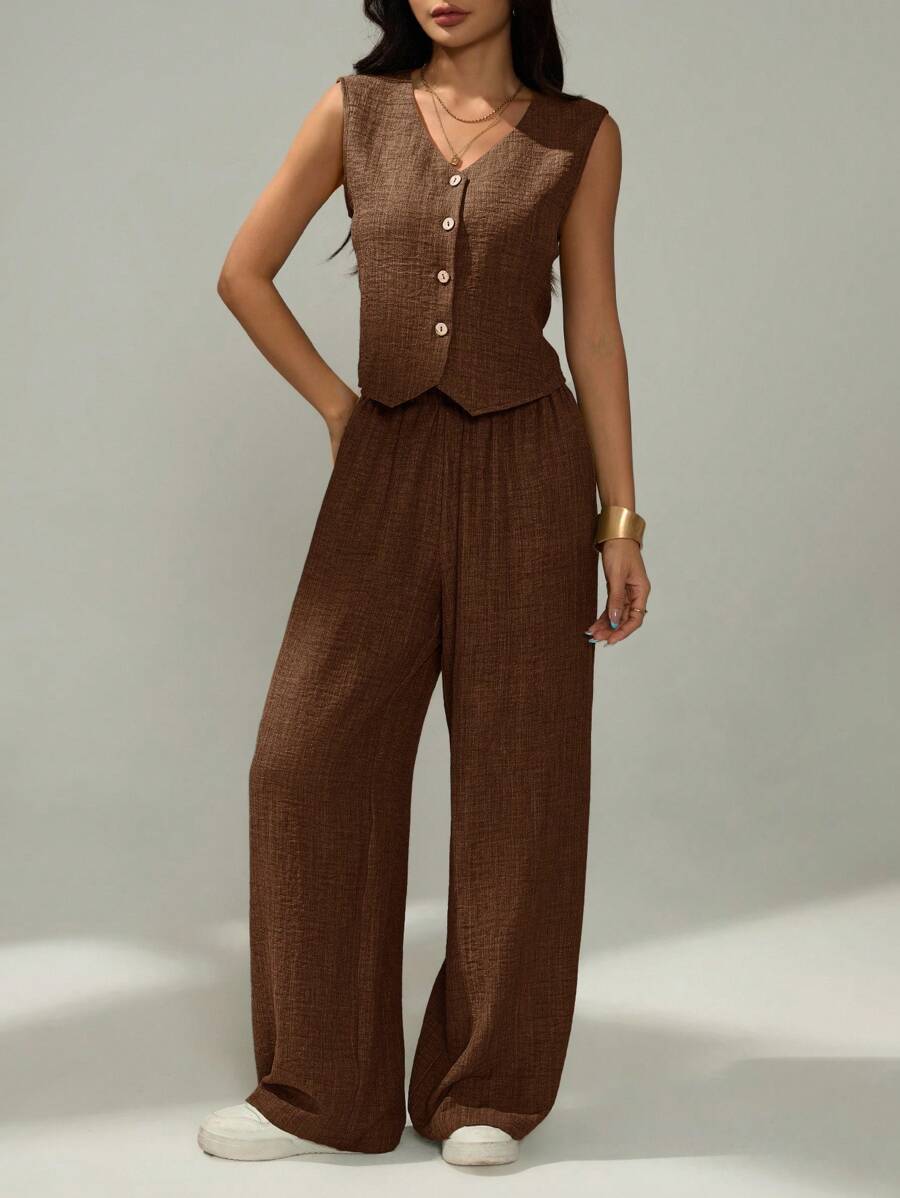 SHEIN PETITE 女装夏季休闲纯色V领无袖背心和宽松阔腿裤棕色两件套女士棕色阔腿裤 - 棕色 - 查看 1