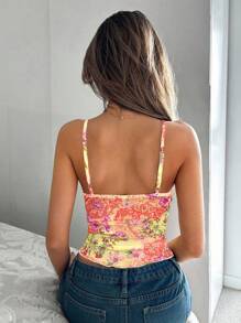 SHEIN ICON Áo hai dây ngắn họa tiết hoa bất đối xứng cho kỳ nghỉ hè của phụ nữ - trái cam - Xem 2