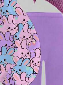 SHEIN 2 件套青少年女孩休闲可爱卡通兔子印花圆领舒适长袖运动衫和紧身裤套装，适合秋冬季 - 彩色 - 查看 6