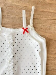 2pcs/Set Girls' Lace Trim Comfortable Soft Undershirts Young Girl Tank Tops Girls White Tank Top Lace Trim Tank Top Polka Dot Tank Top Girls Summer Tops - White - View 7