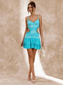 SHEIN BAE 纯橙色性感修身镂空蕾丝拼布女式紧身连衣裙，露背蕾丝连衣裙，夏季连衣裙，优雅连衣裙 - 淺藍色 - 查看 6