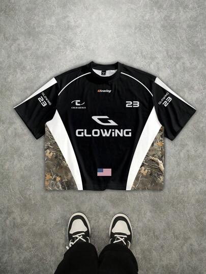 Manfinity ZONE917 Camiseta holgada de estilo callejero para hombres con bloqueo de color camuflaje patchwork