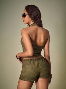 Shutterstock Y2Kool 绿色 V 领抽绳性感露背吊带上衣系带上衣系带上衣交叉上衣休闲 - 軍綠色 - 查看 6