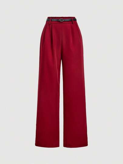 SHEIN MOD Burgundy Casual Office Ladies Suit Pants With Belt, Vintage Style Women Dress Pants Business Casual Women In Fall/Winter