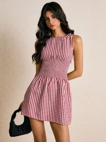 Poéselle 女式休闲格子束腰迷你连衣裙，肩部系带，夏季 - 紅白色 - 查看 5