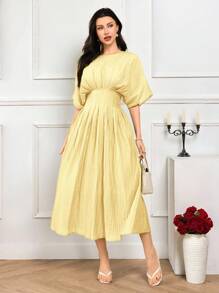 Modelyn Women's Elegant Ruched Waist Dress - Mustard Yellow - View 5