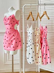 SHEIN 4 Pcs In Heart Print Ruched Cropped Camisole Women Casual Nightgown Women Es Women Summer Dresses - Multicolor - View 4