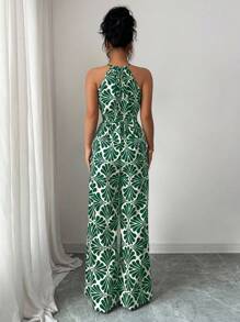 Elenzga Bộ đồ liền thân thắt eo bằng vải in họa tiết dành cho nữ, thanh lịch khi đi nghỉ và mặc hàng ngày - màu xanh lá - Xem 2