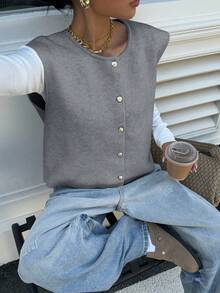 Siren Gaze Women's Casual Solid Color Short Wool Metal Button Sweater Vest,Fall Winter Casual Spring - Light Grey - View 6