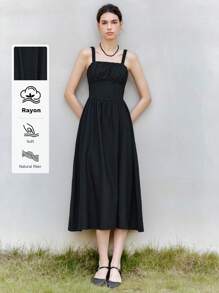 Chiquease Halloween Women's Summer French Style Linen Ruched Waist A-Line Dress, Minimalist Elegant - Black - View 2