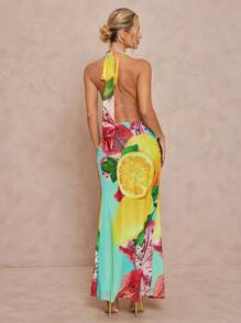 Lumalex Herbst, bescheiden, altes Geld, kokett, glitzernd, Urlaubsparty-Outfit, Rave, Festival, Ausflug, Schwimmen, Urlaub, Bohemian, BOHO, Meer, Strand, heiß, Outdoor, reich geschichtet, Hochzeitssaison, Bankett, Zeremonie zum Erwachsenwerden, Strand, Meer, 2 Stücke Set, Neckholder-Top mit tropischem Blumen- und Fruchtdruck und hochgeschlitzter, tief taillierter Rock für Damen