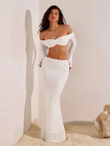 Opulessa Textured Sequin Fabric Off Shoulder Long Sleeve Top And Fish Tail Skirt Sexy Party 2 Pieces Set For Women White Two Piece Set Lace Two Piece Set White Lace Two Piece Set Cream Two Piece Set Off The Shoulder Two Piece Set White Lace Two Piece Outfit Off Shoulder Two Piece Set Autumn Beautiful Dress,Off The Shoulder - Black - View 5