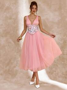 SHEIN BAE Spring & Summer Solid Pink Puff Skirt Floral Sequined Elegant Mid-Length Princess Dress, Perfect For Brunch, Bridesmaids Gown, Guest Attire, Graceful Dress