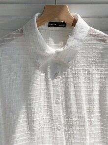 SHEIN EZwear Camisa de mujer informal de manga larga a rayas de abotonadura sencilla - Rosa - Ver 3