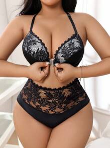 Miss Vinta 2pcs Plus Size Front Closure Lace Patchwork Underwire Bra Set - Black - View 2