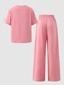 Tween Girls' Summer Casual College Style Contrast Color Bow Decor Loose Shoulder T-Shirt And Elastic Waist Wide Leg Pants Set - Pink - View 2