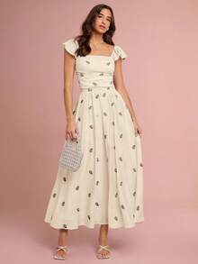 Enchnt 浪漫优雅的杏色花卉刺绣连衣裙，是秋冬季节的完美之选。甜美优雅，适合度假、约会、节日、派对、海滩、舞会、夏日连衣裙以及秋季女装穿着。