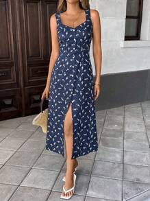 Pariaura 法式碎花前纽扣无袖女式连衣裙 - 藏蓝色 - 查看 1