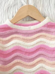 SHEIN Vintaside Kids 女童渐变色彩虹波浪图案可爱轻便毛衣 - 粉色 - 查看 3