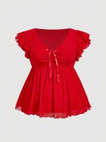 SHEIN MOD 大码圆点网眼蝴蝶结泡泡袖荷叶边下摆衬衫 - 紅色 - 查看 1