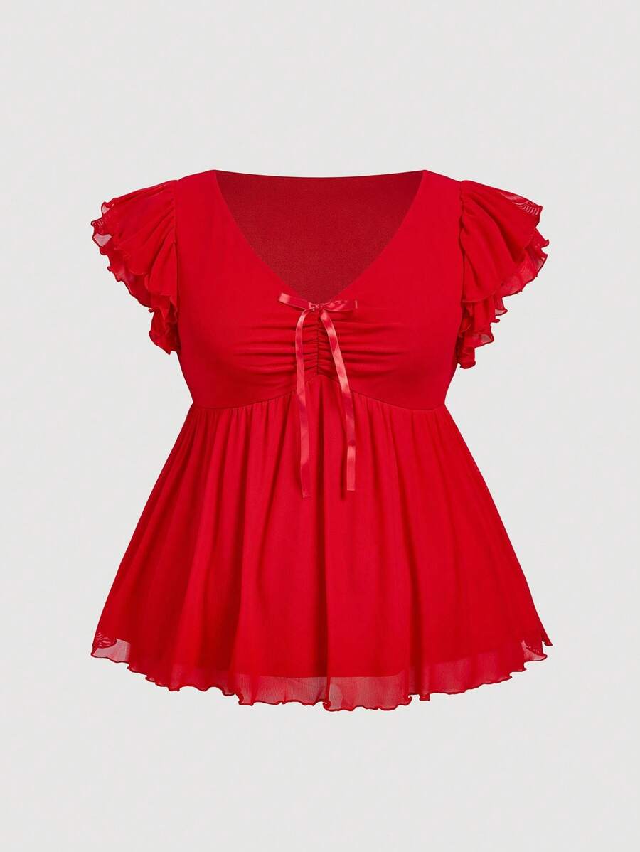 SHEIN MOD 大码圆点网眼蝴蝶结泡泡袖荷叶边下摆衬衫 - 紅色 - 查看 1