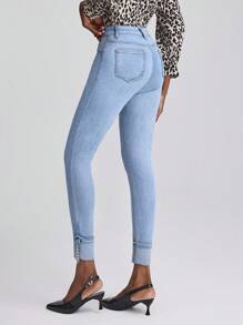 Slaydiva Women's Slim Fit Solid Color Cuffed Metal Chain Decor Versatile Fashion Jeans - Blue - View 2