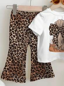 SHEIN 2 件套年轻女孩休闲豹纹蝴蝶结卡通图案圆领短袖上衣和喇叭裤夏季服装 - 彩色 - 查看 5